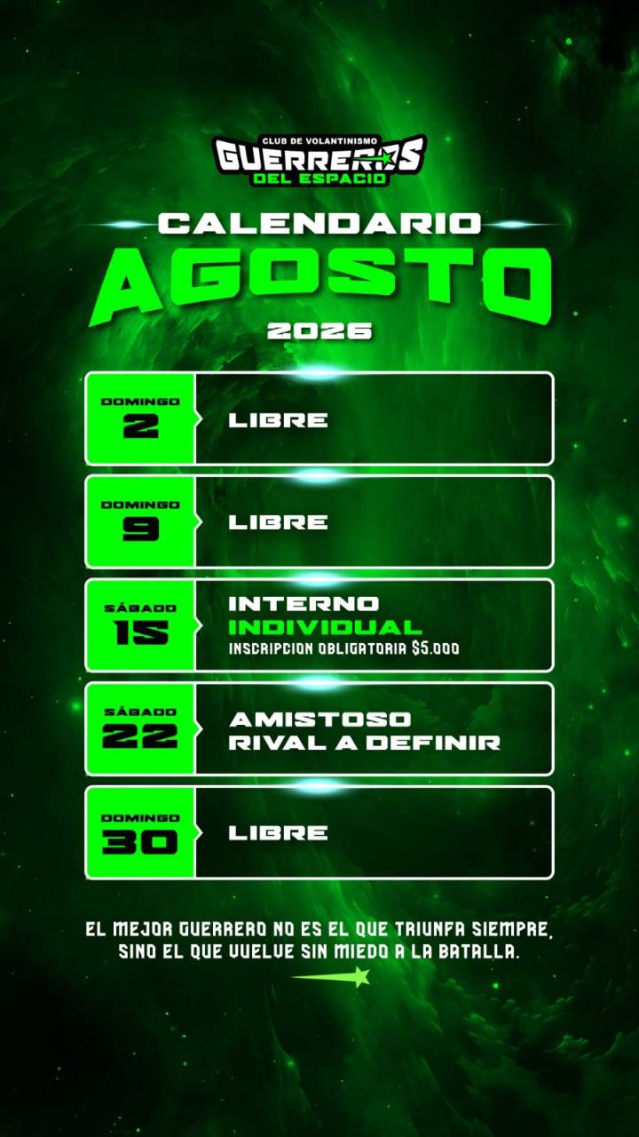 Afiche espacial verde del calendario de agosto de 2026 del club